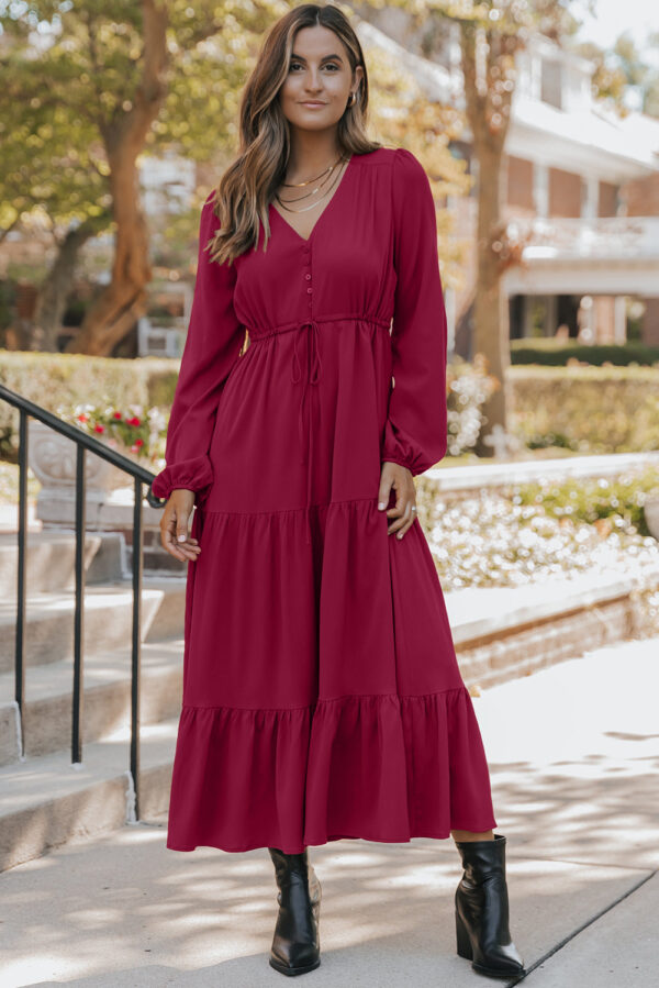 Burgundy Solid Long Sleeve Button V Neck Tiered Maxi Dress - Image 3