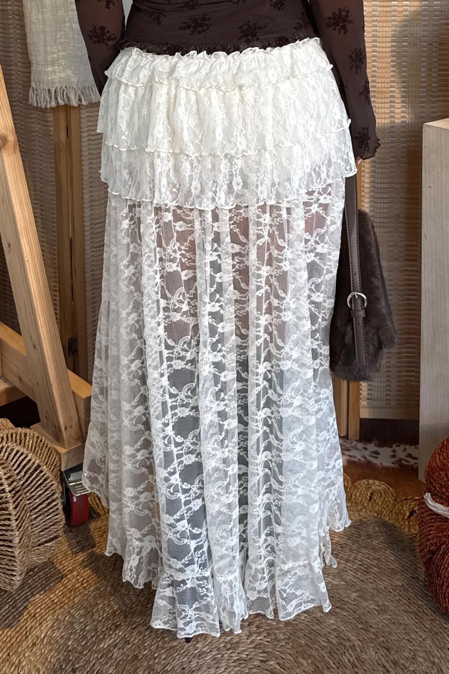 White Sheer Lace Frilly Ruffles High Low Long Skirt - Image 2