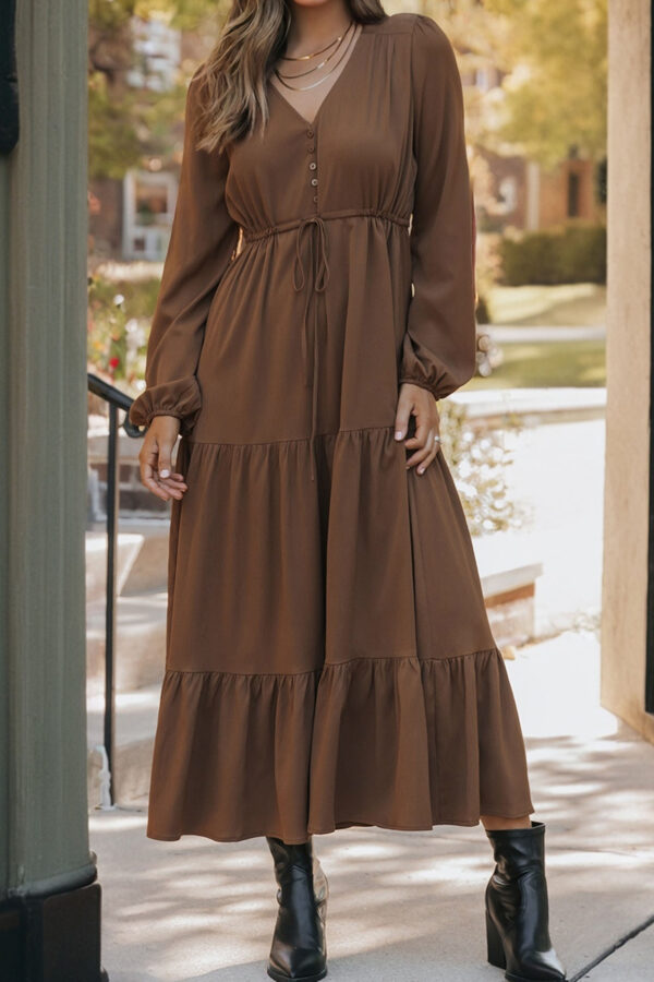Burgundy Solid Long Sleeve Button V Neck Tiered Maxi Dress - Image 4