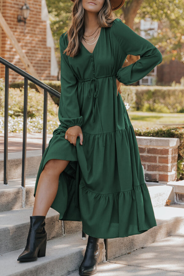 Burgundy Solid Long Sleeve Button V Neck Tiered Maxi Dress - Image 7