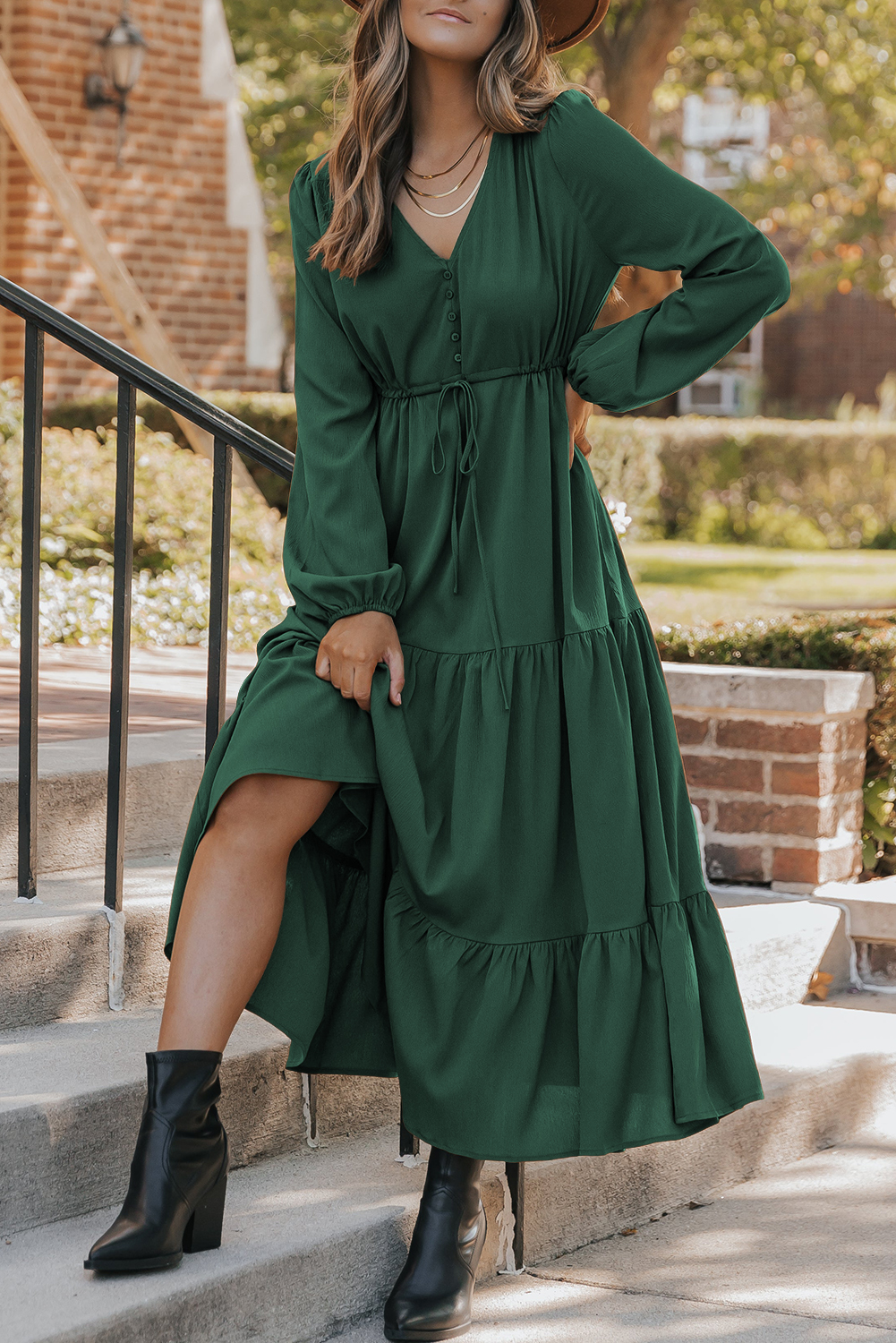 Burgundy Solid Long Sleeve Button V Neck Tiered Maxi Dress - Image 7
