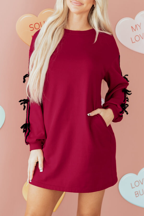 Racing Red Contrast Striped Bow Detail Drop Shoulder Sweatshirt Dress with Pockets - Image 7