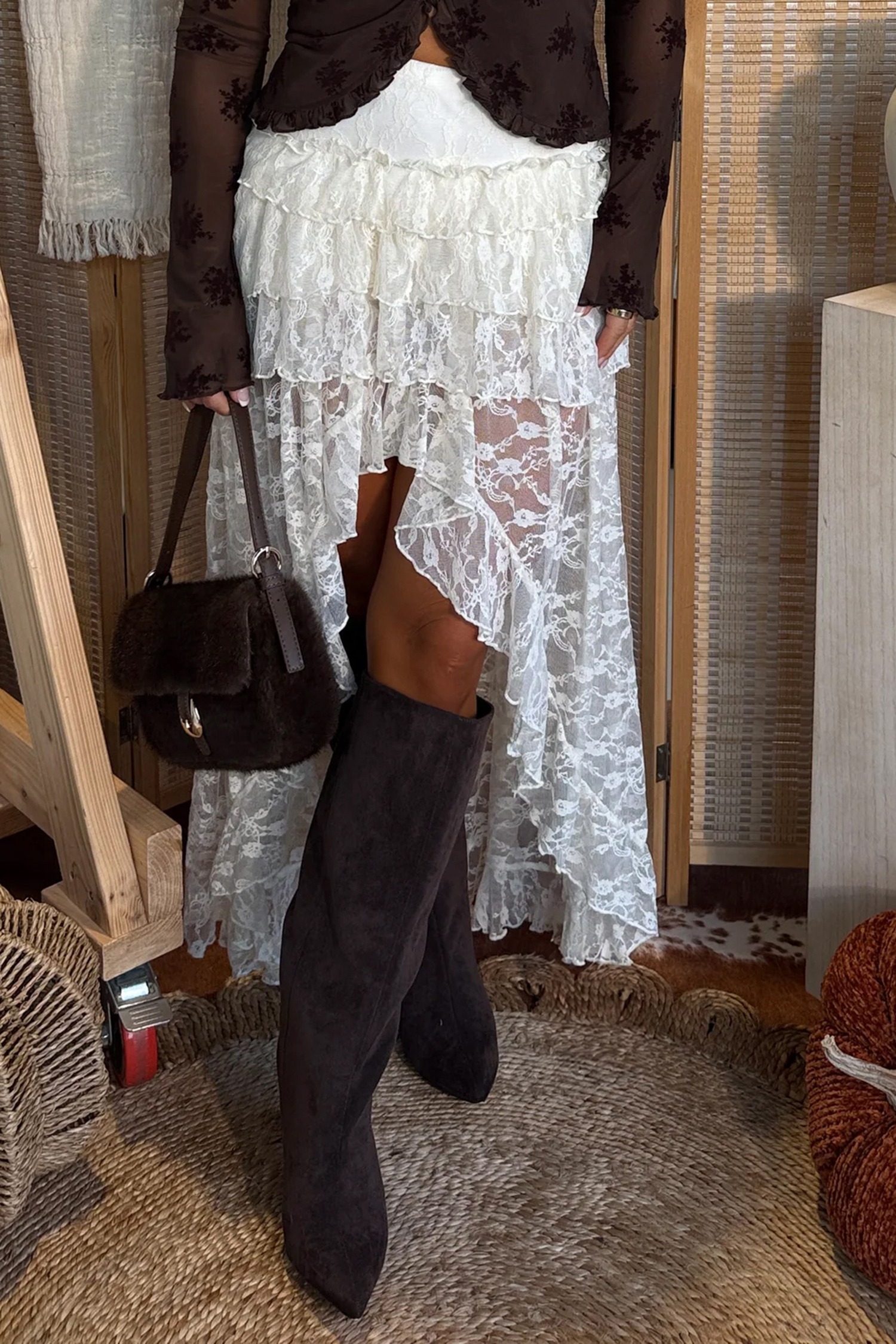 White Sheer Lace Frilly Ruffles High Low Long Skirt - Image 3