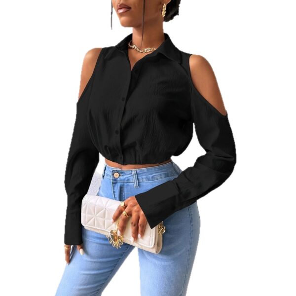 Womens Lapel-button-up Cardigan With A Sophisticated Blouse Design - Image 4