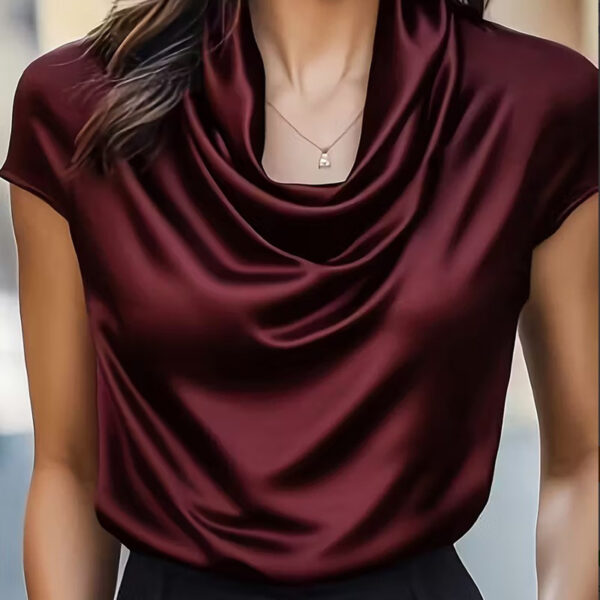 Women's Solid Color Cowl Neck Ruched Blouse, Elegant Short Sleeve Shiny Office Shirt, Wrinkle-Resistant For Wedding & Formal Occasions - Image 8