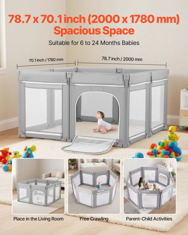 Baby Playpen, 78.7″ X 70.1″ Extra Large Toddlers Playpen, Foldable Baby Fence Play Yard With Zippered Door & Soft Breathable Mesh, Indoor Outdoor Safety Activity Center - Great Gift For Toddlers - Image 2
