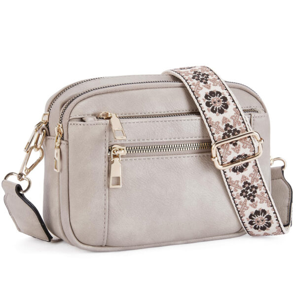 Triple-zipper Shoulder Bag With Floral Embroidered Straps Fashion Colorblock Multi-functional Crossbody Bags For Women - Image 3