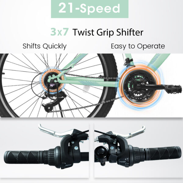 A26208D Mountain Bike 24 26 Inch, High-Density Carbon Steel Frame, 21 Speed, Front Suspension, Dual V-Brakes, Pre-Assembled For Men Women Teens - Image 7