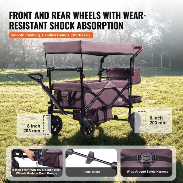Wagon Stroller For 2 Kids, Push Pull Quad Collapsible Stroller With Adjustable Handle, Encircling Harness Removable Canopy,4 Wheels W/ Brakes,Mutifunction Tandem Stroller For Camping Dark Purple - Image 3