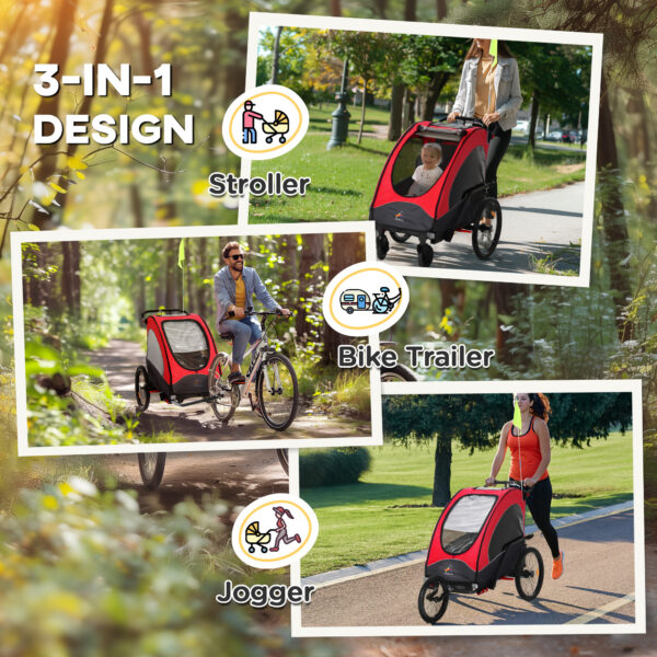 Bike Trailer for Kids 3 In1 Foldable Child Jogger Stroller Baby Stroller Transport Carrier with Shock Absorber System Rubber Tires Adjustable Handlebar Kid Bicycle Trailer Red and Grey - Image 7