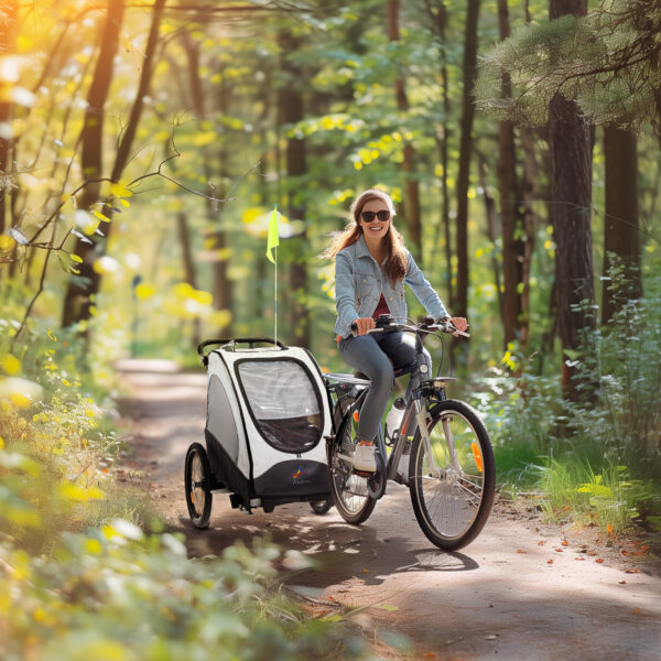 Bike Trailer for Kids 3 In1 Foldable Child Jogger Stroller Baby Stroller Transport Carrier with Shock Absorber System Rubber Tires Adjustable Handlebar Kid Bicycle Trailer White and Grey - Image 8