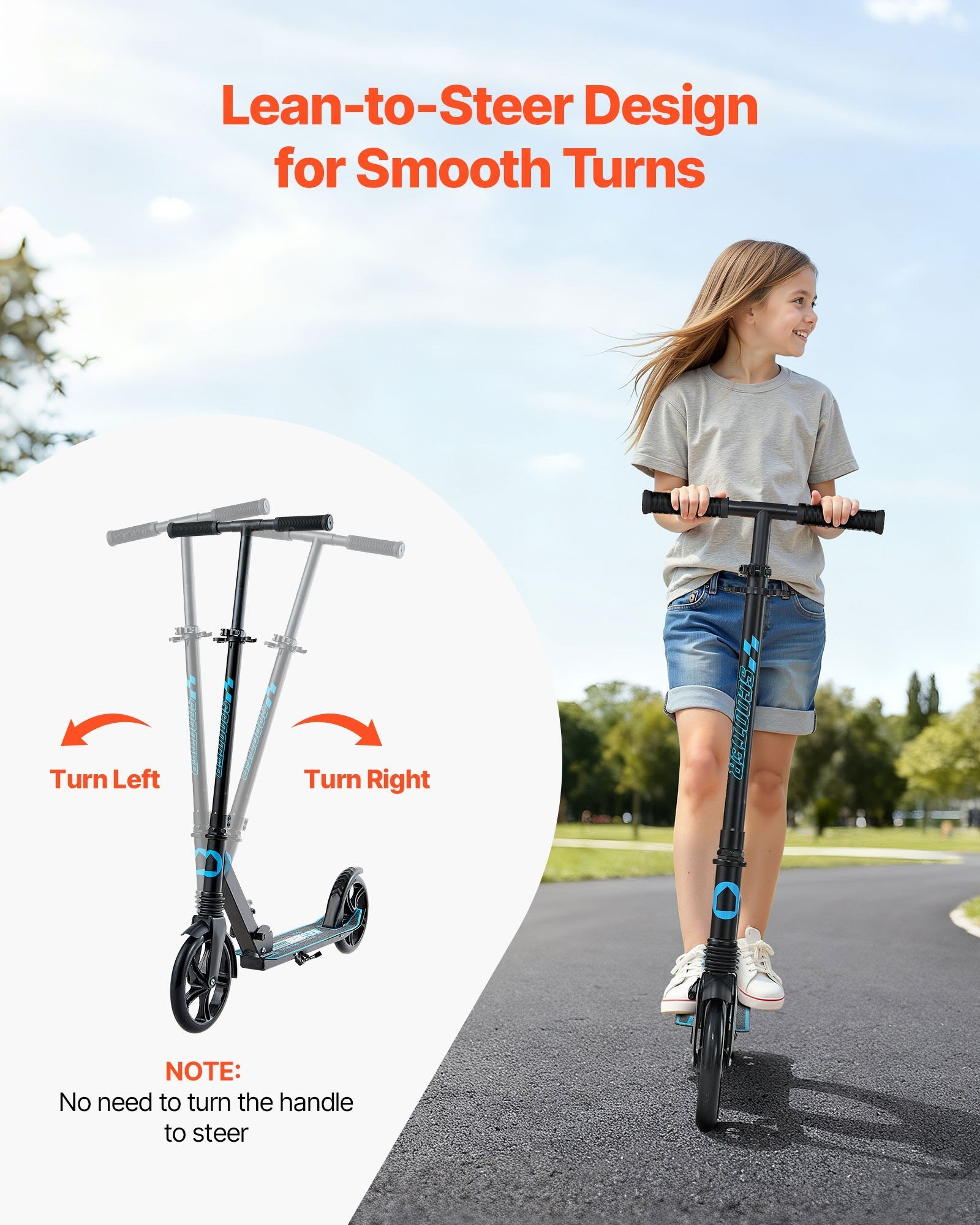 Kick Scooter For Kids Ages 8+, Teens & Adults, 2-Wheel Toddler Scooter With Adjustable Height Handlebar, Wide Anti-Slip Deck, Foldable Lightweight For Boys & Girls Up To 220 Lbs, Black + Blue - Image 3