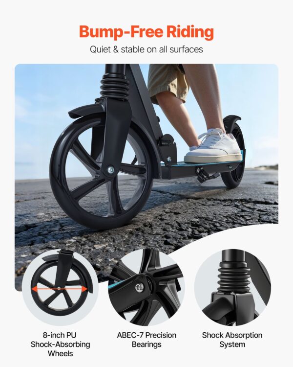 Kick Scooter For Kids Ages 8+, Teens & Adults, 2-Wheel Toddler Scooter With Adjustable Height Handlebar, Wide Anti-Slip Deck, Foldable Lightweight For Boys & Girls Up To 220 Lbs, Black + Blue - Image 5