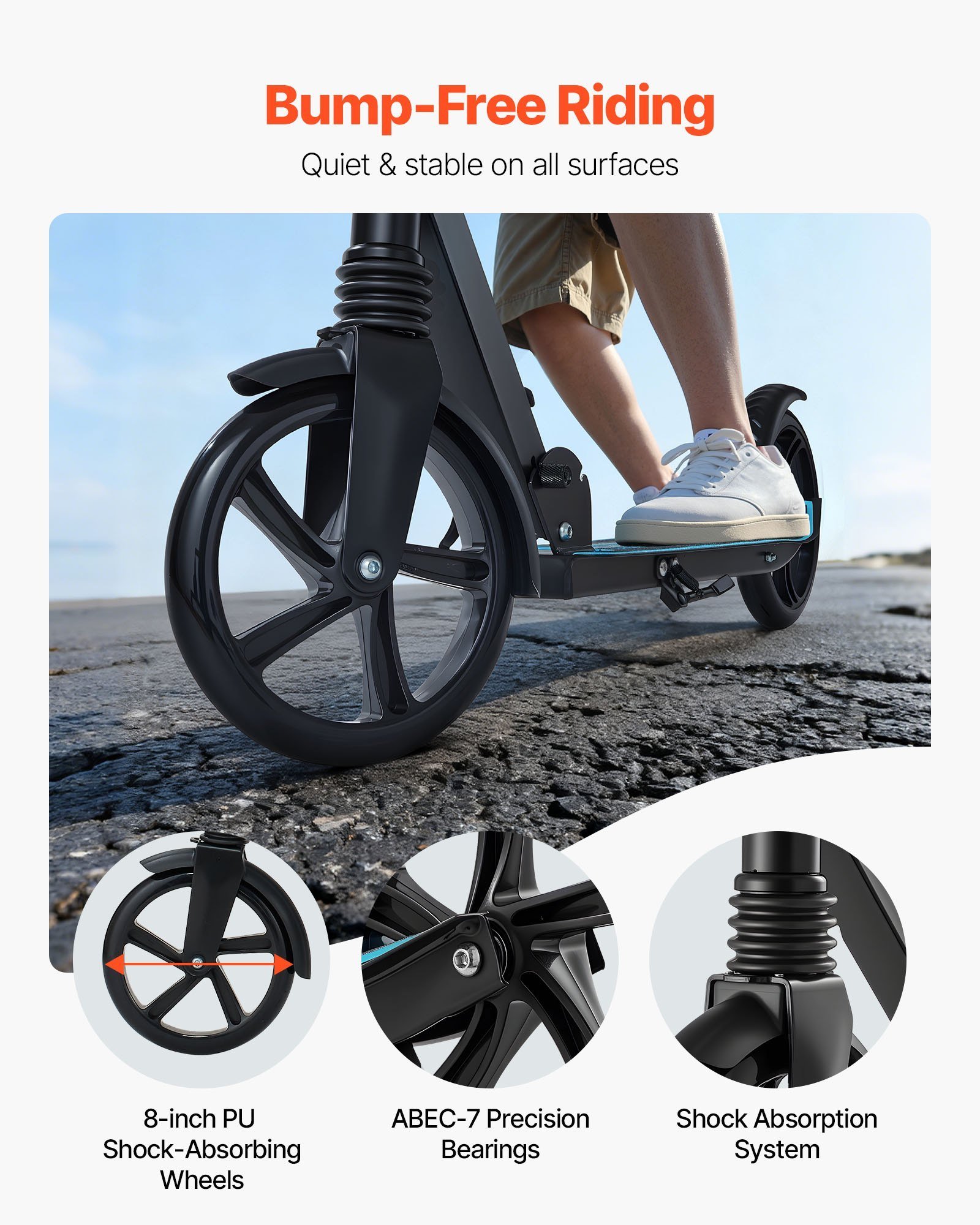 Kick Scooter For Kids Ages 8+, Teens & Adults, 2-Wheel Toddler Scooter With Adjustable Height Handlebar, Wide Anti-Slip Deck, Foldable Lightweight For Boys & Girls Up To 220 Lbs, Black + Blue - Image 5