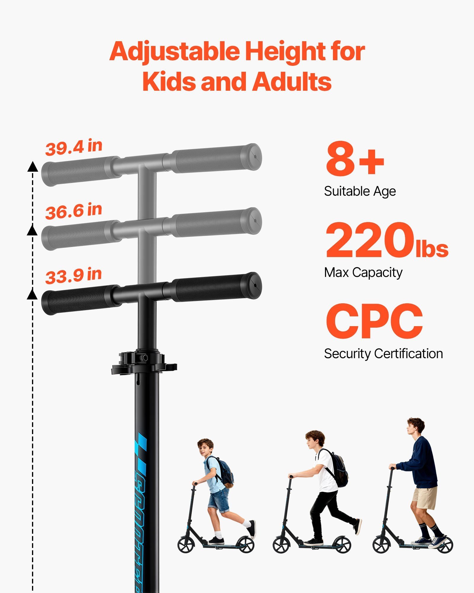 Kick Scooter For Kids Ages 8+, Teens & Adults, 2-Wheel Toddler Scooter With Adjustable Height Handlebar, Wide Anti-Slip Deck, Foldable Lightweight For Boys & Girls Up To 220 Lbs, Black + Blue - Image 4