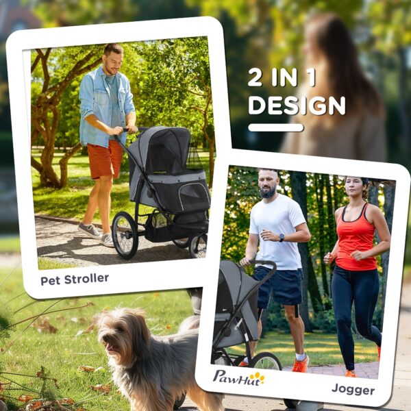 3 Wheels Pet Stroller for Small Dogs and Medium Dogs with Adjustable Canopy, Safety Tether, Storage Basket, Gray - Image 5