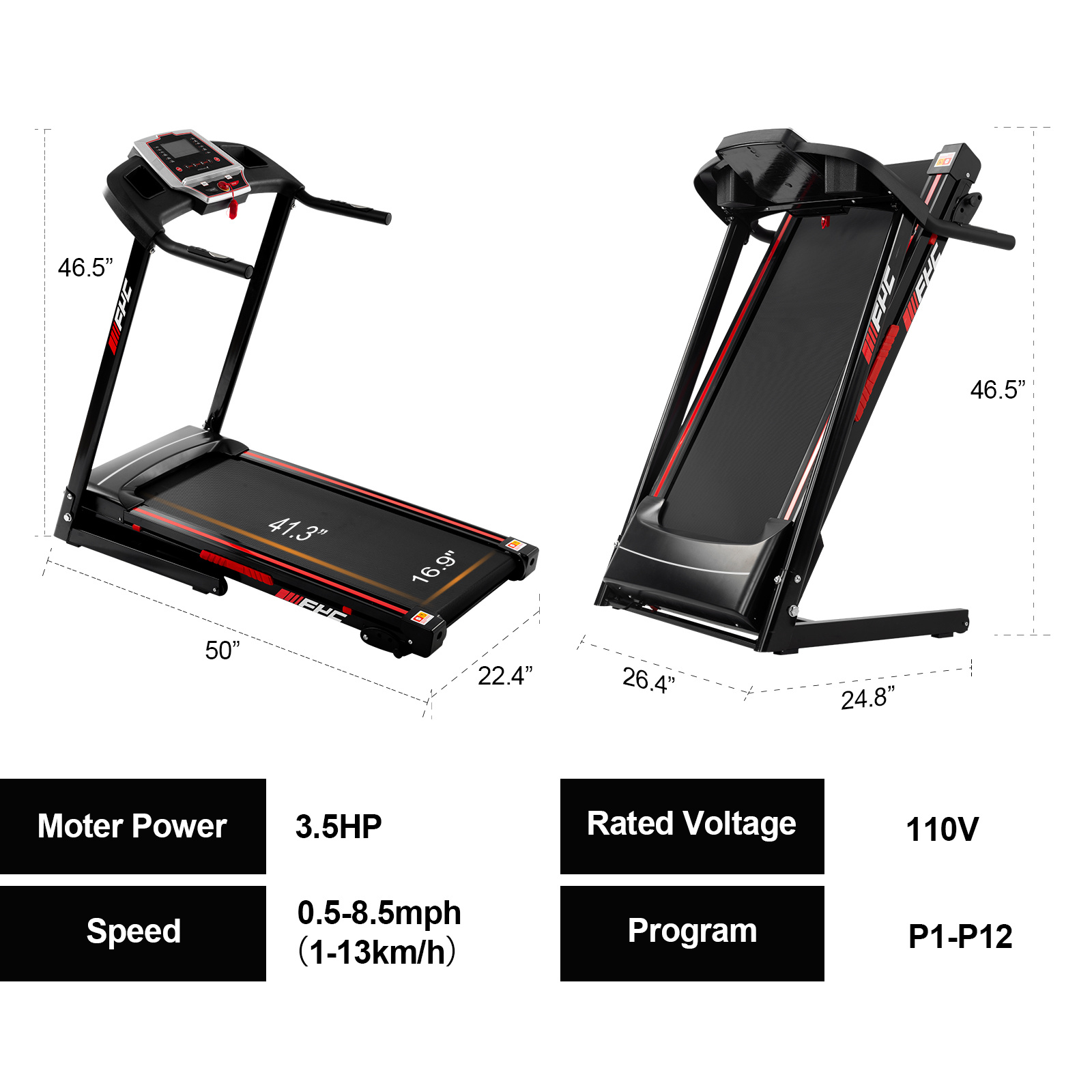 Folding Treadmills 3.5HP Portable With Incline Electric Treadmill Running Walking - Image 6