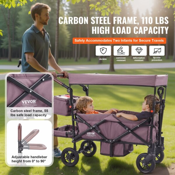 Wagon Stroller For 2 Kids, Push Pull Quad Collapsible Stroller With Adjustable Handle, Encircling Harness Removable Canopy,4 Wheels W/ Brakes,Mutifunction Tandem Stroller For Camping Dark Purple - Image 5