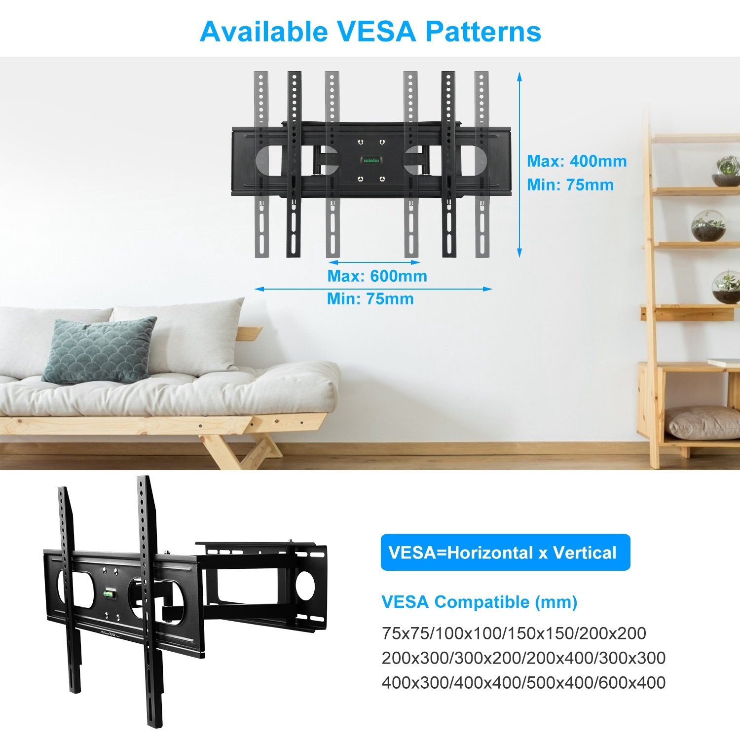 1Pc Full Motion TV Wall Mount Swivel Tilt TV Wall Rack Support 37in To 70in TV Wall Mount Max VESA Up To 600x400mm Holds Up To 99LBS - Image 4