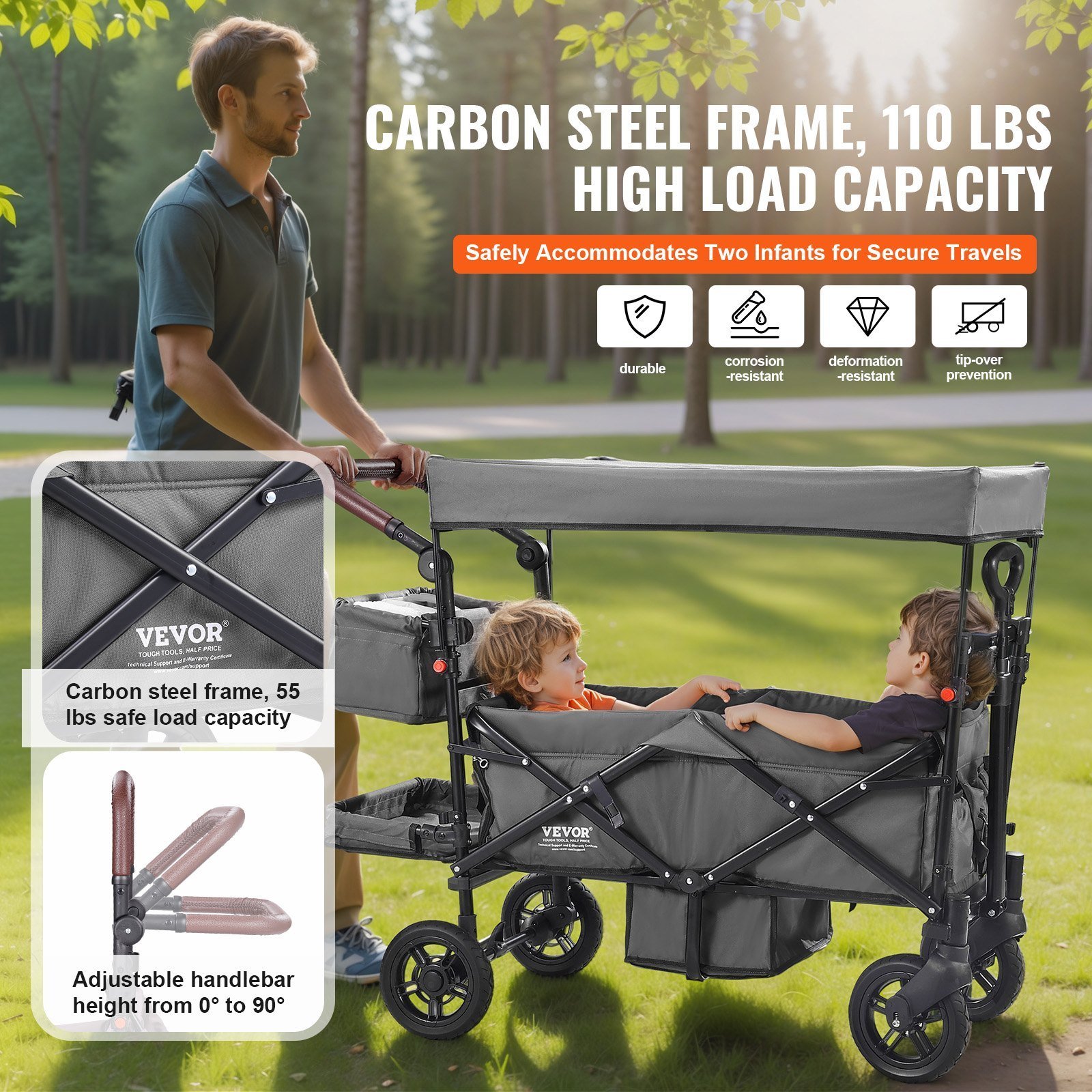 Wagon Stroller For 2 Kids, Push Pull Quad Collapsible Stroller With Adjustable Handle, Encircling Harness Removable Canopy, 4 Wheels W/ Brakes, Mutifunction Tandem Stroller For Camping Dark Grey - Image 3