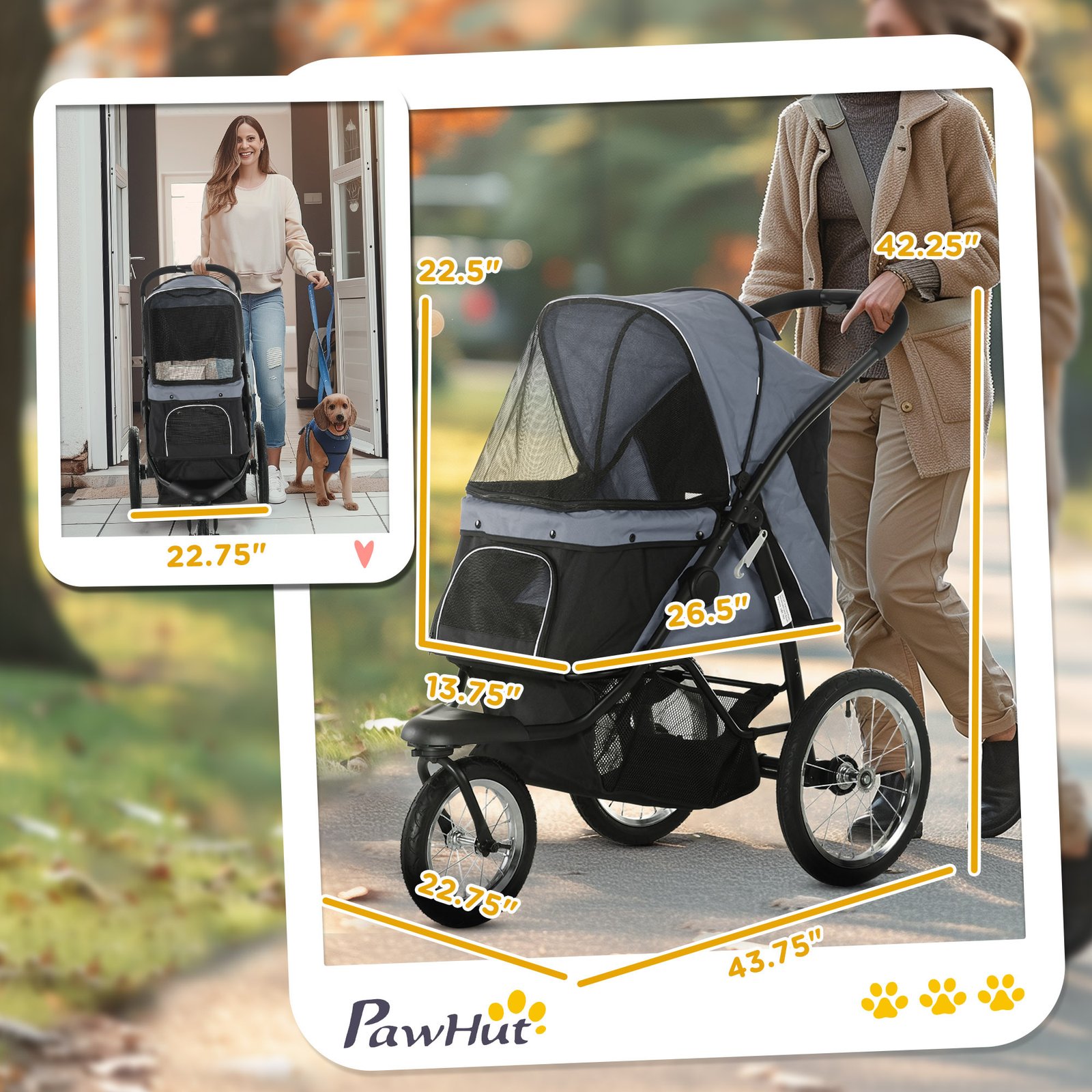 3 Wheels Pet Stroller for Small Dogs and Medium Dogs with Adjustable Canopy, Safety Tether, Storage Basket, Gray - Image 6