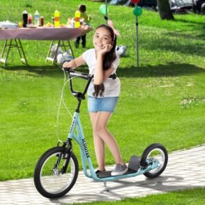 Teens Youth Scooter Ride On Toy with Adjustable Handlebar, Dual Brakes, and Inflatable Wheels For Kids 5+, Blue
