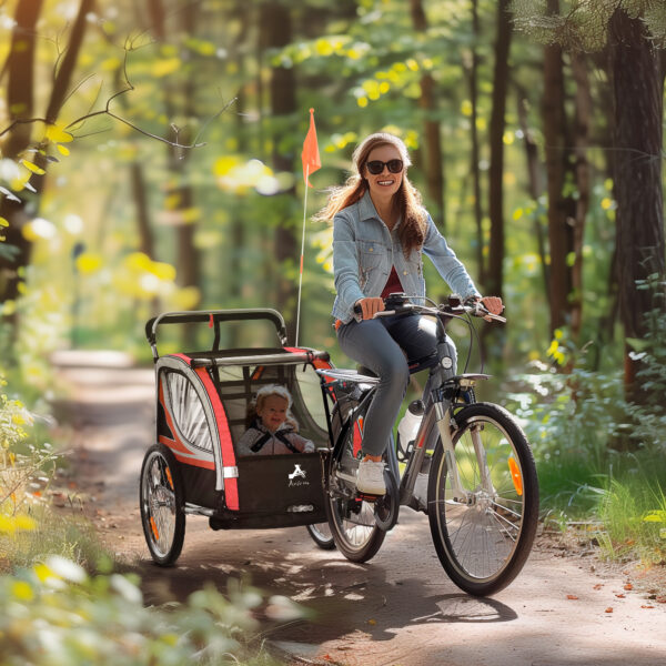 2-in-1 Walk/Ride Child Baby Bike Trailer for Kids 2 Seater, High-Visibility Bike Stroller for Toddler Wagon, Weather-Strong Double Bicycle Trailer Accessory for Kids, Red - Image 5