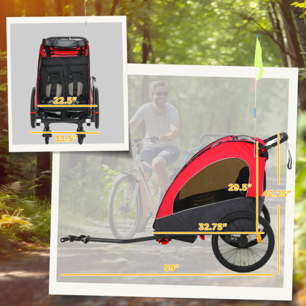 Bike Trailer for Kids 3 In1 Foldable Child Jogger Stroller Baby Stroller Transport Carrier with Shock Absorber System Rubber Tires Adjustable Handlebar Kid Bicycle Trailer Red and Grey - Image 2