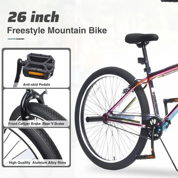 26 Inch Freestyle Bike For Teens, Steel Frame Single-Speed Bicycle With 2 Pegs , Front Caliper Brake And Rear V Brake, Bicycle For Boys And Girls Ages 14+ - Image 4