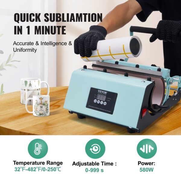 Tumbler Heat Press Machine, 11-30oz Mug Press, Heat Up Fast And Even, Tumbler Press With Sublimation Paper, Tape And Gloves, Temp And Time Setting, For Sublimation Tumblers, Cups, Mugs, Green - Image 5