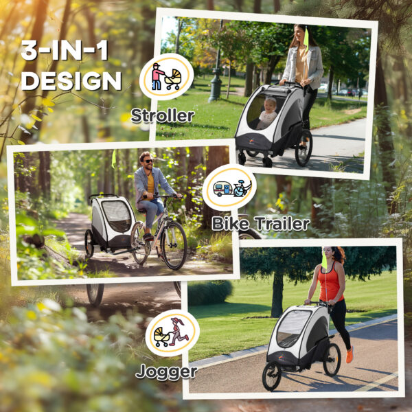 Bike Trailer for Kids 3 In1 Foldable Child Jogger Stroller Baby Stroller Transport Carrier with Shock Absorber System Rubber Tires Adjustable Handlebar Kid Bicycle Trailer White and Grey - Image 4