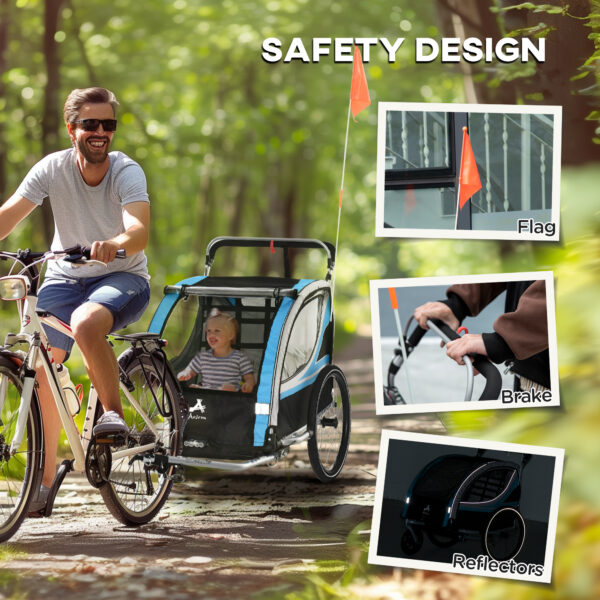 3-in-1 Bike Trailer for Kids, Running Stroller with 2 Seats, Jogging Cart with 5-Point Harness, Storage Units, Blue - Image 3