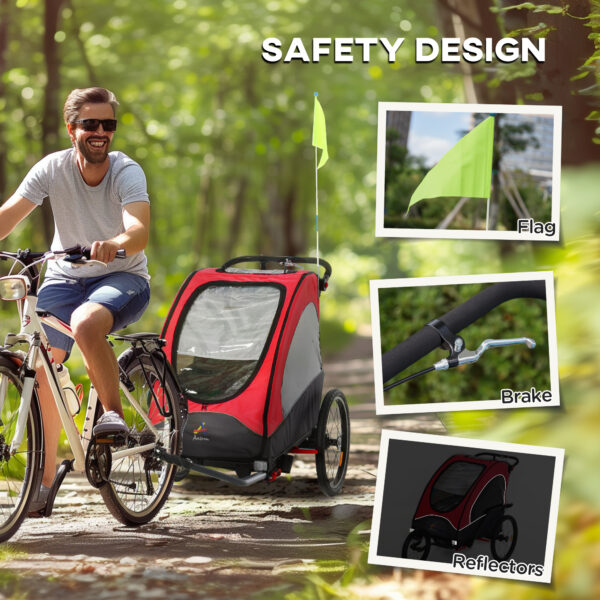 Bike Trailer for Kids 3 In1 Foldable Child Jogger Stroller Baby Stroller Transport Carrier with Shock Absorber System Rubber Tires Adjustable Handlebar Kid Bicycle Trailer Red and Grey - Image 4
