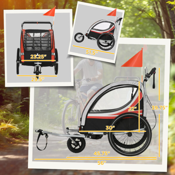 3-in-1 Bike Trailer for Kids, Running Stroller with 2 Seats, Jogging Cart with 5-Point Harness, Storage Units, Red - Image 4