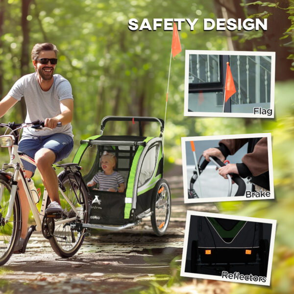 2-in-1 Walk/Ride Child Baby Bike Trailer for Kids 2 Seater, High-Visibility Bike Stroller for Toddler Wagon, Weather-Strong Double Bicycle Trailer Accessory for Kids, Green - Image 5