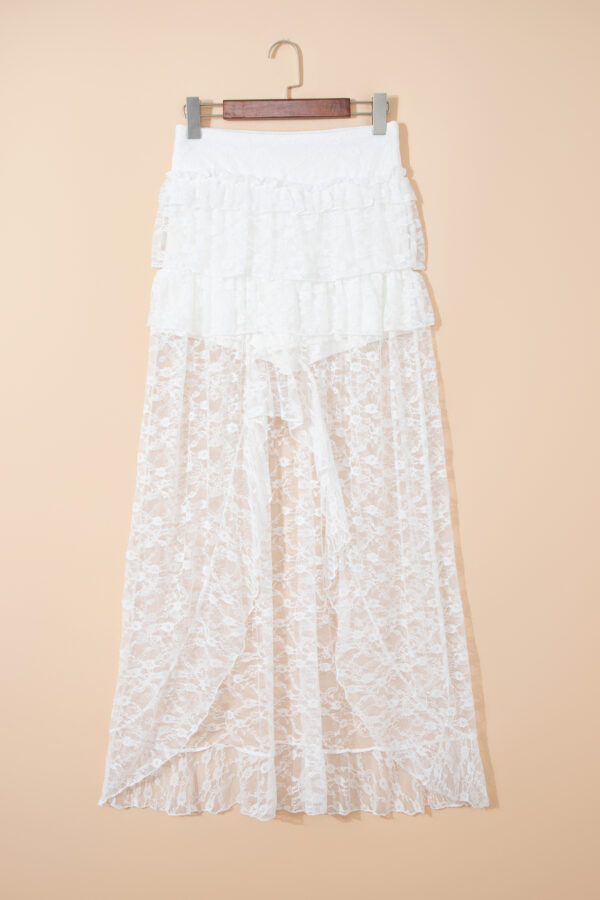 White Sheer Lace Frilly Ruffles High Low Long Skirt - Image 7