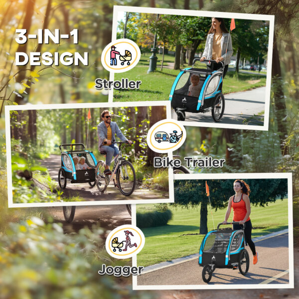 3-in-1 Bike Trailer For Kids, Running Stroller With 2 Seats, Jogging Cart With 5-Point Harness, Storage Units, Blue - Image 4