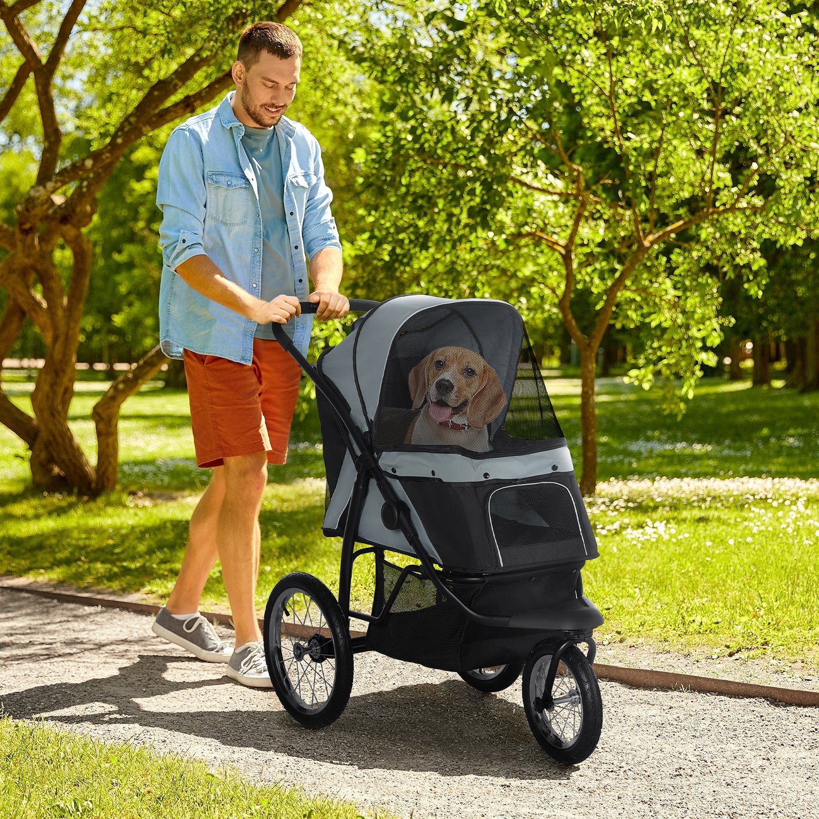 3 Wheels Pet Stroller for Small Dogs and Medium Dogs with Adjustable Canopy, Safety Tether, Storage Basket, Gray - Image 8