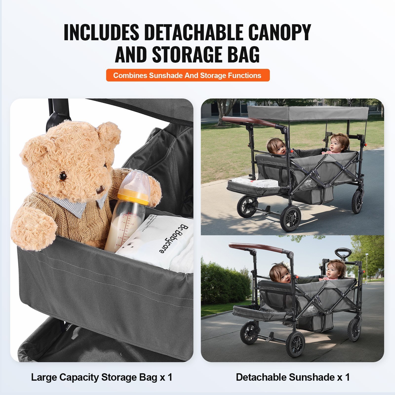 Wagon Stroller For 2 Kids, Push Pull Quad Collapsible Stroller With Adjustable Handle, Encircling Harness Removable Canopy, 4 Wheels W/ Brakes, Mutifunction Tandem Stroller For Camping Dark Grey - Image 4