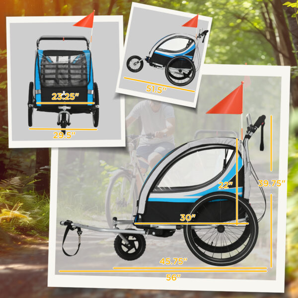 3-in-1 Bike Trailer For Kids, Running Stroller With 2 Seats, Jogging Cart With 5-Point Harness, Storage Units, Blue - Image 3