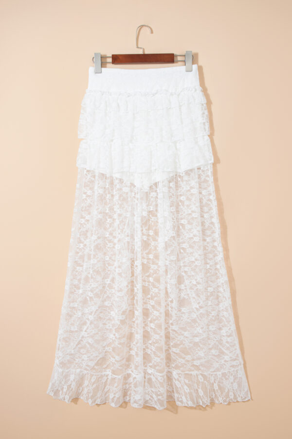 White Sheer Lace Frilly Ruffles High Low Long Skirt - Image 8