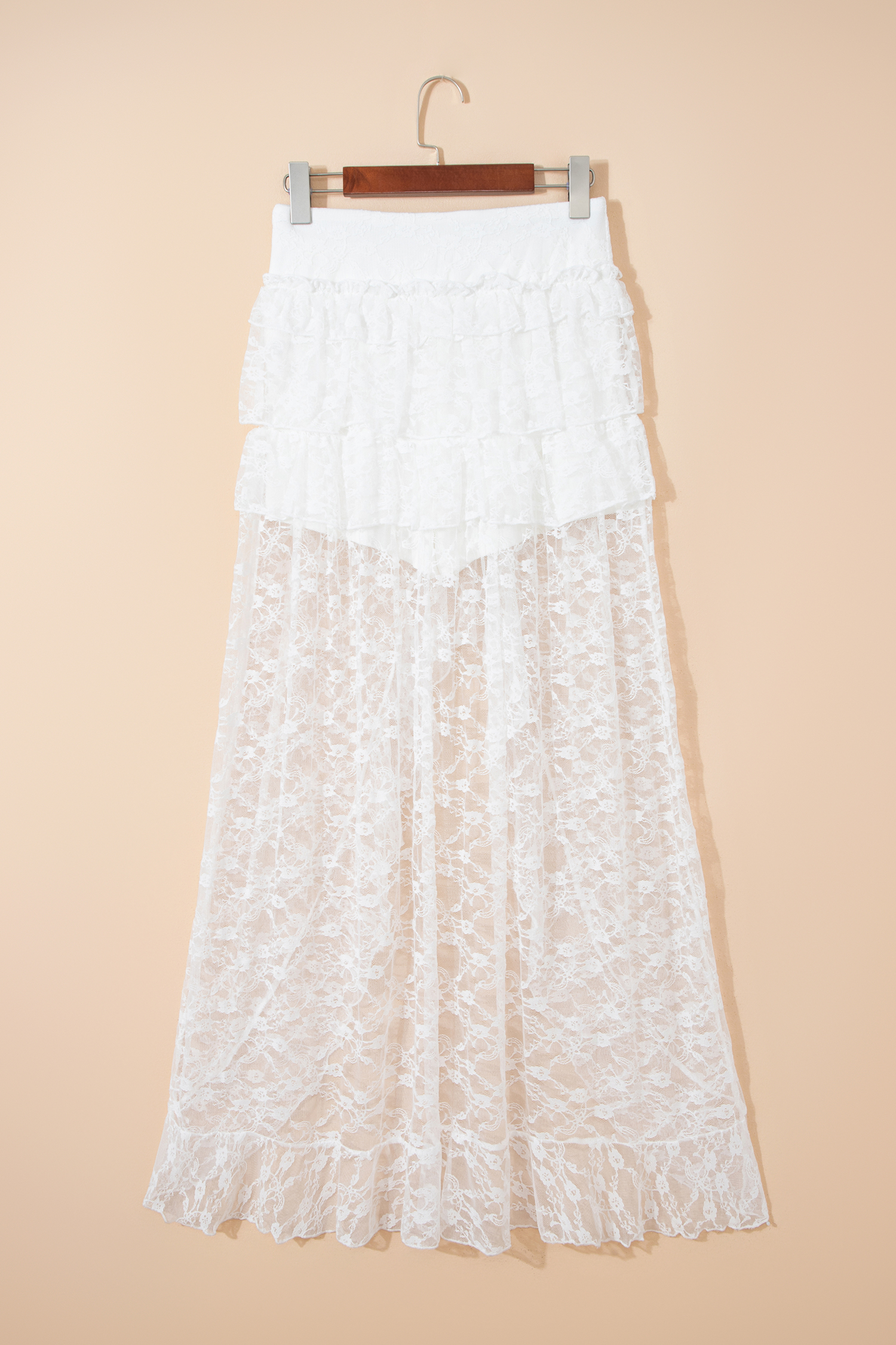 White Sheer Lace Frilly Ruffles High Low Long Skirt - Image 8