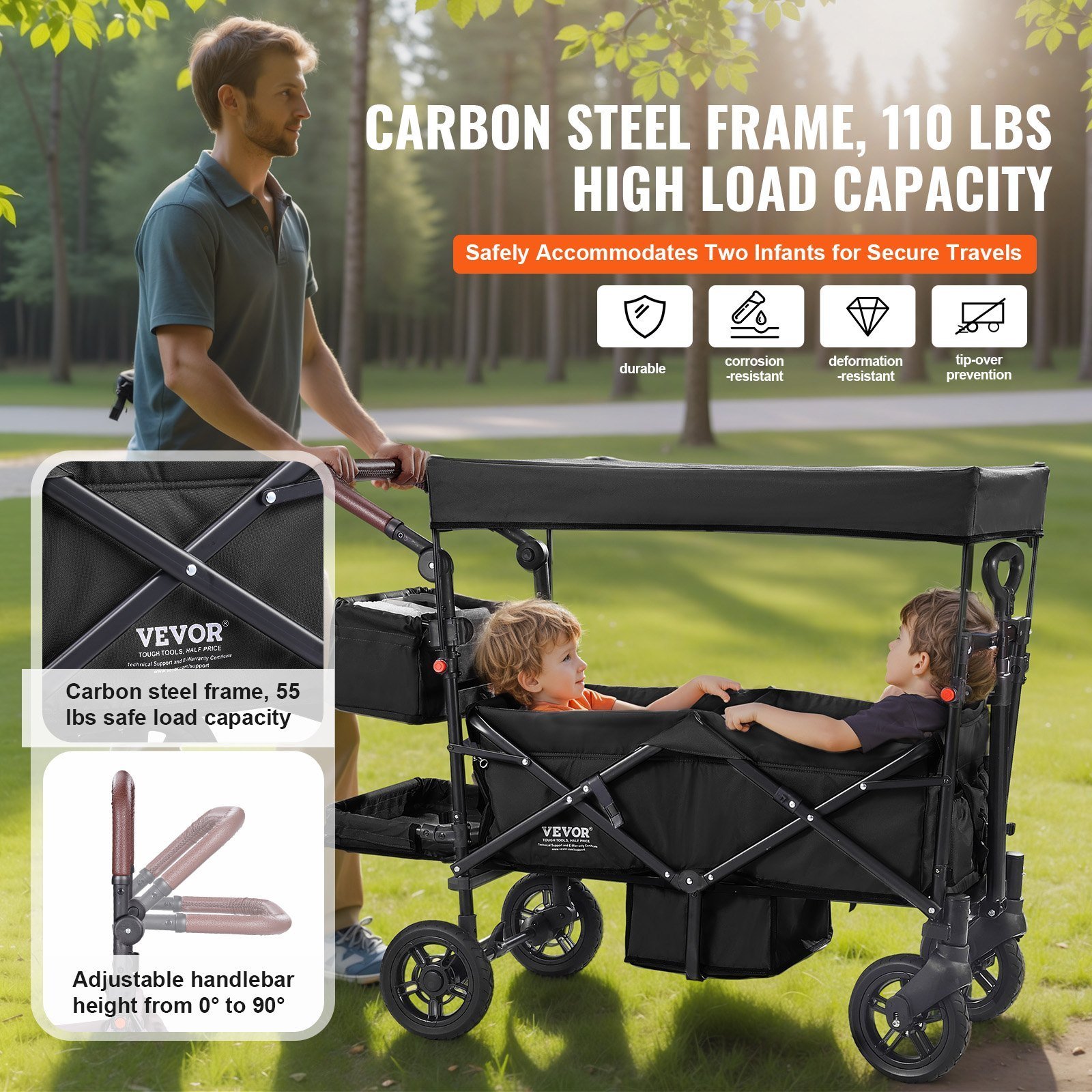 Wagon Stroller For 2 Kids, Push Pull Quad Collapsible Stroller With Adjustable Handle, Encircling Harness Removable Canopy, 4 Wheels With Brakes, Mutifunction Tandem Stroller For Camping Black - Image 4