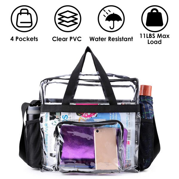 Clear Tote Bag -4-Pocket 0.4 Mm PVC Crossbody,Handbag, Adjustable Strap, Holds 11 Lbs, Waterproof & Cold-Crack Resistant, Perfect For Concerts, Sports, School, Work