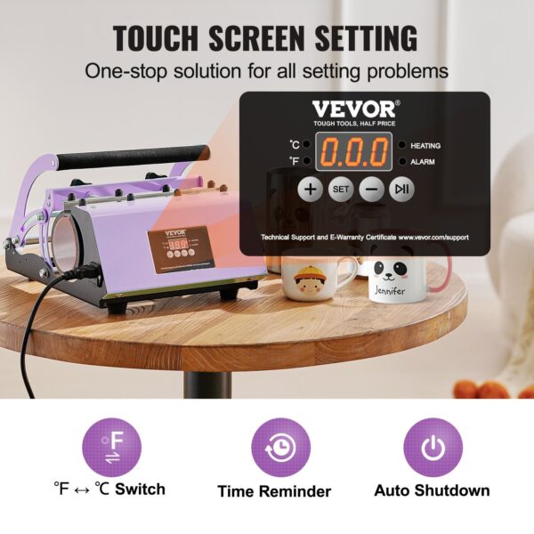 Tumbler Heat Press Machine, 11-30oz Mug Press, Heat Up Fast And Even, Tumbler Press With Sublimation Paper, Tape And Gloves, Temp And Time Setting, For Sublimation Tumblers, Cups, Mugs, Purple - Image 3