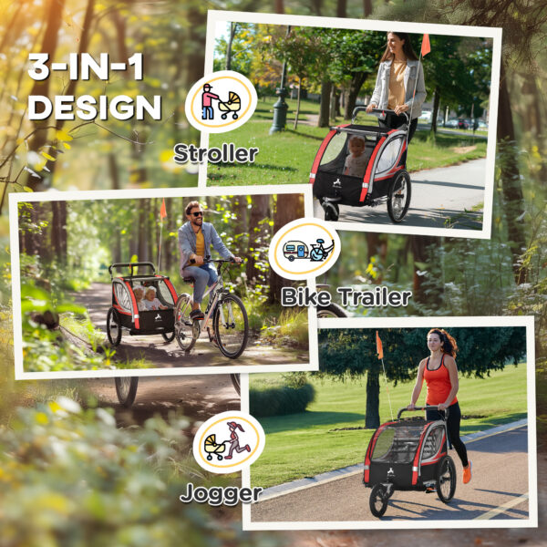 3-in-1 Bike Trailer for Kids, Running Stroller with 2 Seats, Jogging Cart with 5-Point Harness, Storage Units, Red - Image 5