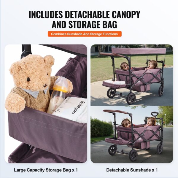 Wagon Stroller For 2 Kids, Push Pull Quad Collapsible Stroller With Adjustable Handle, Encircling Harness Removable Canopy,4 Wheels W/ Brakes,Mutifunction Tandem Stroller For Camping Dark Purple - Image 4