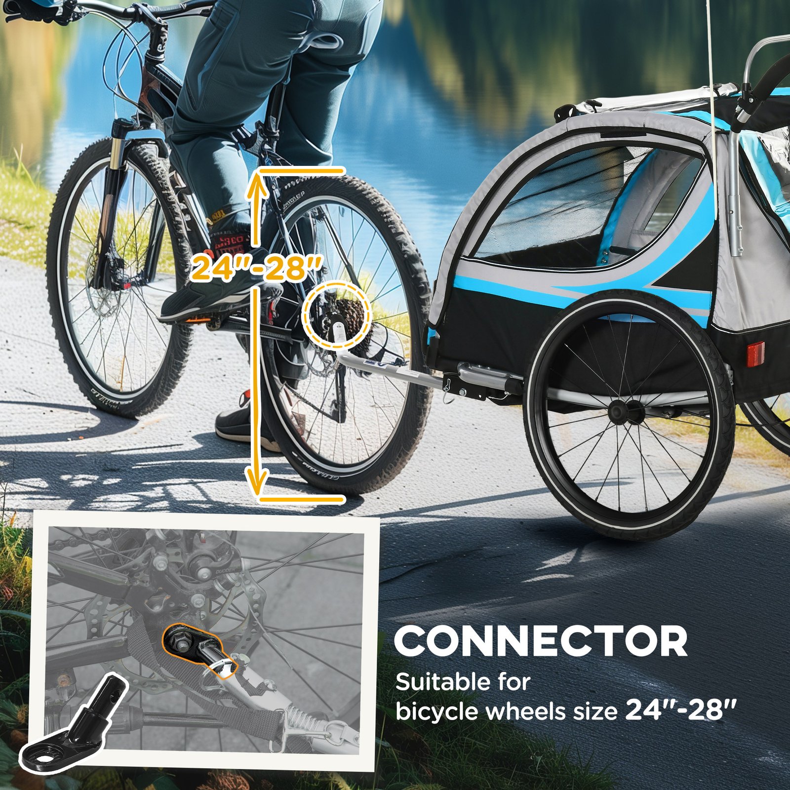 3-in-1 Bike Trailer for Kids, Running Stroller with 2 Seats, Jogging Cart with 5-Point Harness, Storage Units, Blue - Image 5