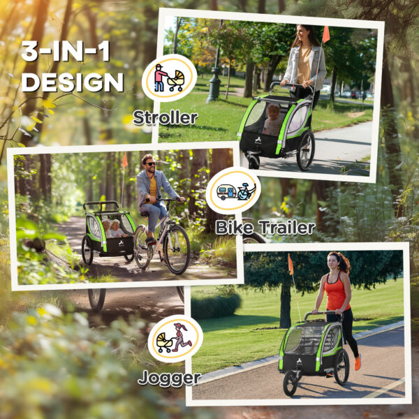 3-in-1 Bike Trailer For Kids, Running Stroller With 2 Seats, Jogging Cart With 5-Point Harness, Storage Units, Green - Image 4