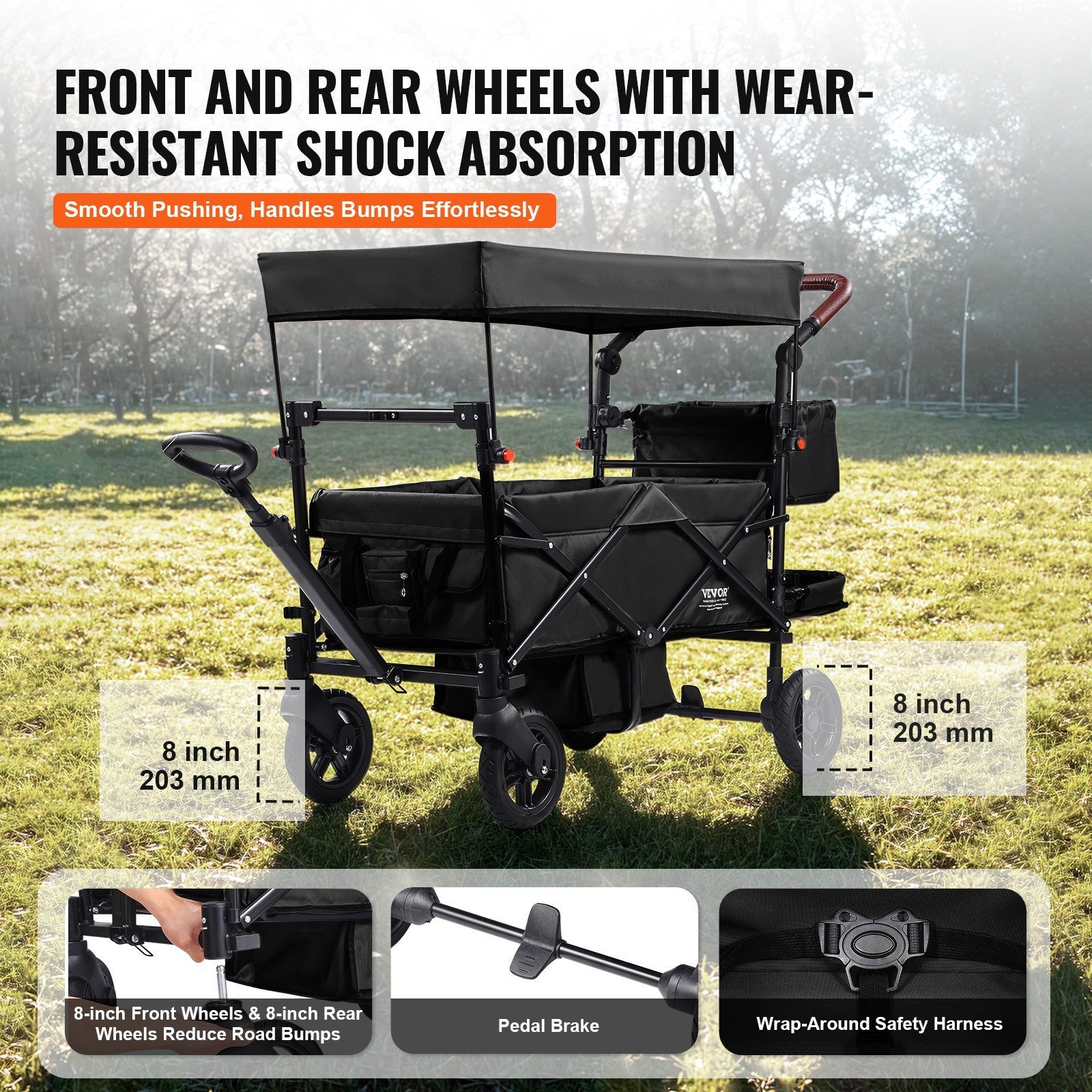 Wagon Stroller For 2 Kids, Push Pull Quad Collapsible Stroller With Adjustable Handle, Encircling Harness Removable Canopy, 4 Wheels With Brakes, Mutifunction Tandem Stroller For Camping Black - Image 2